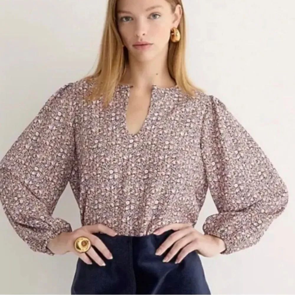 J Crew Puff Sleeve Satin Back Crepe Top Blouse Floral Flourish